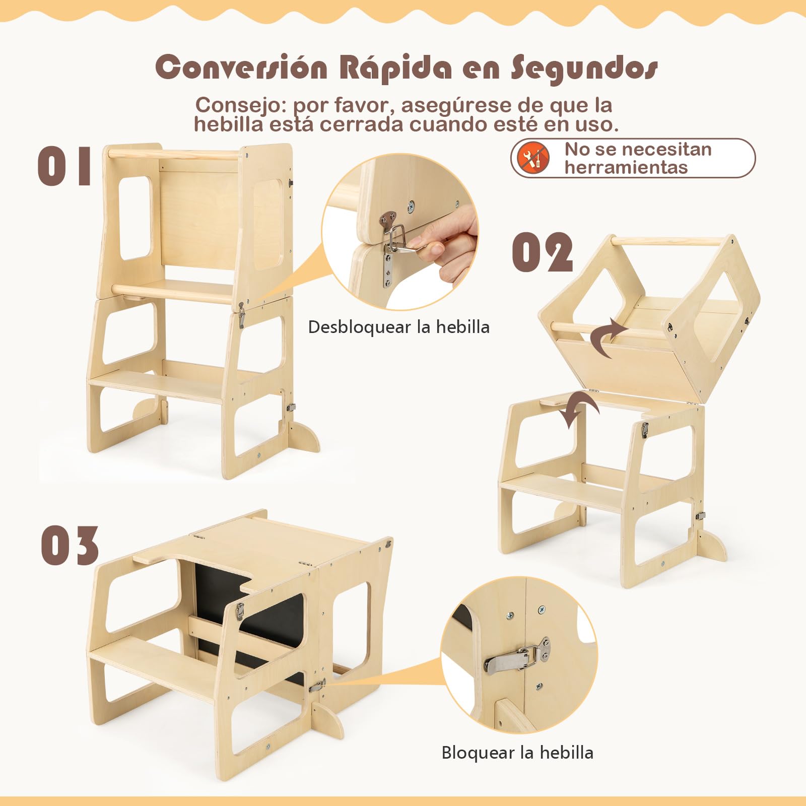 COSTWAY Torre de Aprendizaje Plegable 3 en 1, Taburete Infantil Montessori de Madera con Pizarra, Mesa, Taburete y Barra de Seguridad para Baño Cocina, Juego de Mesa y Silla para Niños