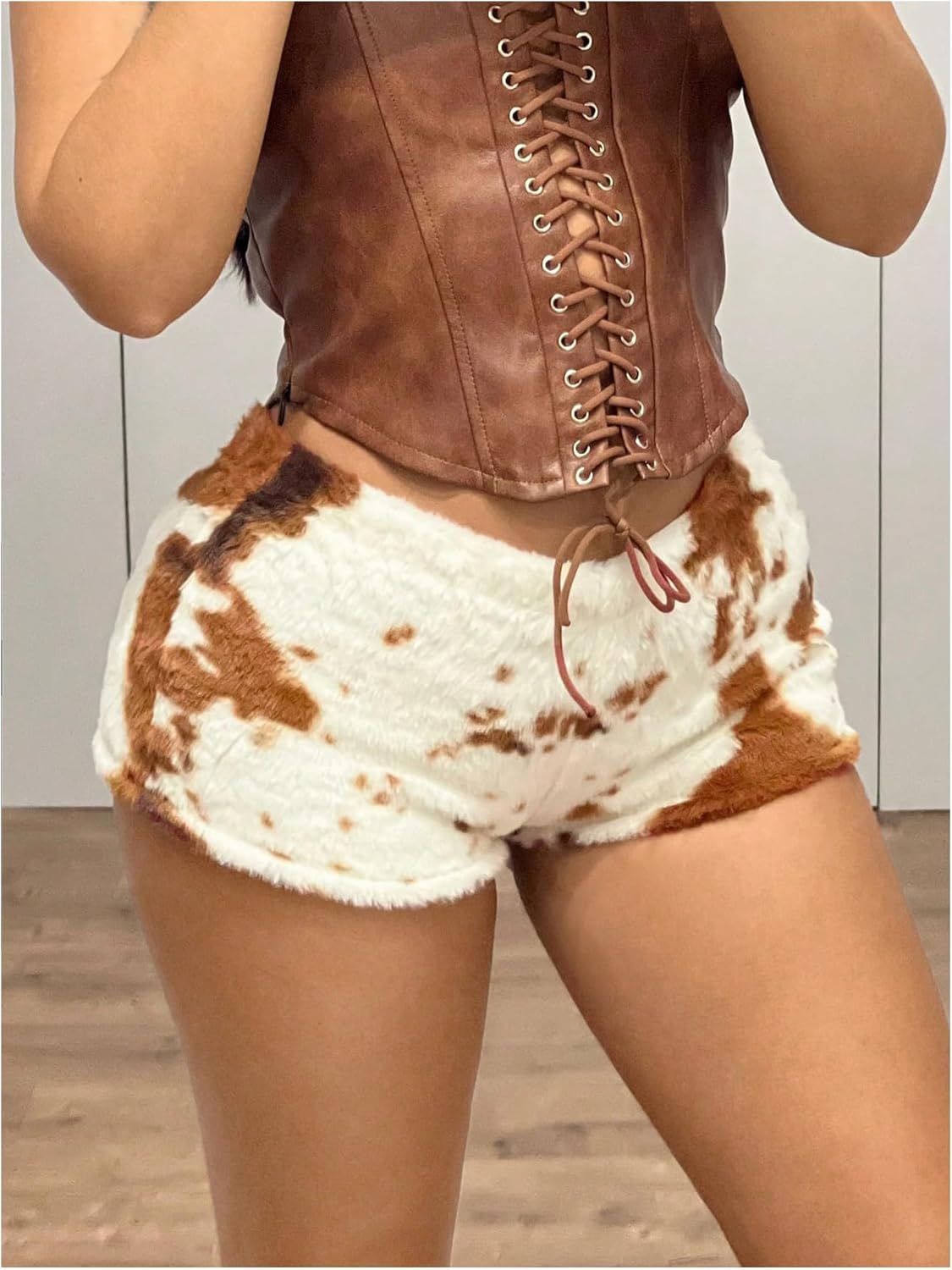 MakeMeChic Women's Micro Mini Shorts Summer Cow Print Fur Shorts Fuzzy Low Waisted Cowgirl Hot Pants - Image 3