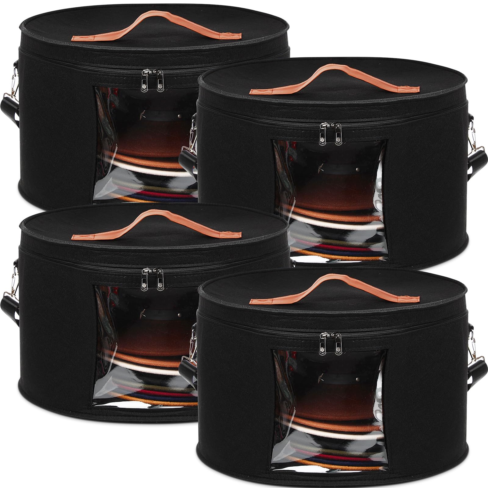 Suzile 4 Pack Large Round Foldable Hat Box for Women Storage Holds up to 6-10 Hats Cowboy Hat Box with Lid Handles Closet Cowboy Case Organizer Clothes Case for Travel Gift(Black,Felt)