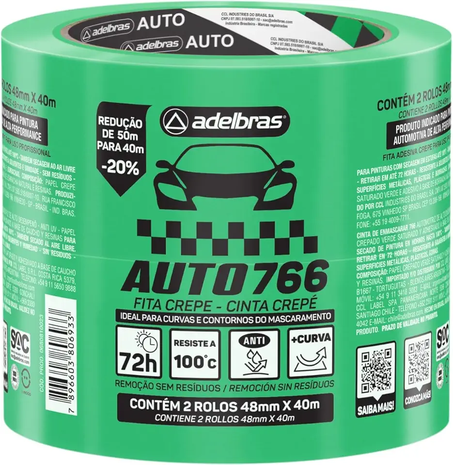 Fita Crepe Automotiva, Adelbras, 766, 48 mm x 40 m, Verde, Pacote com 2