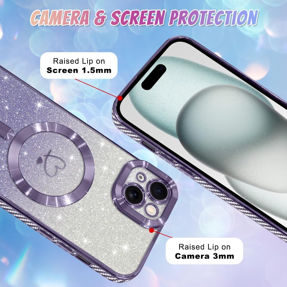 Bonoma Compatible with iPhone 15 Plus Case Support for MagSafe, Plating Heart Glitter Magnetic Case 2* Screen Protector TPU Camera Protection Back Cover for Girls Women -Purple - Image 4