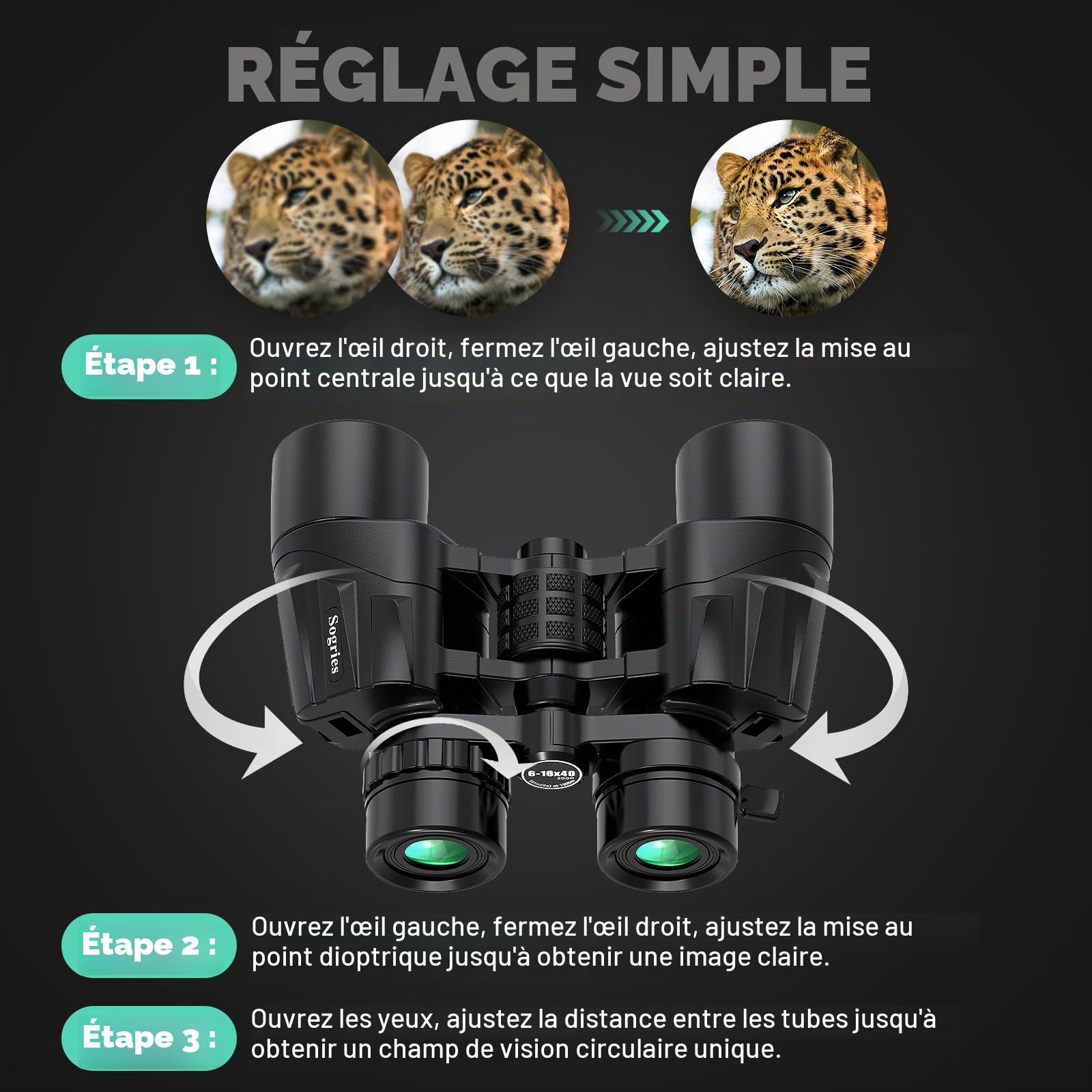 Sogries Jumelles Zoom 6-16x40 pour Adultes | Grossissement variable, lentilles FMC, prisme BAK4, pour observation des oiseaux, nature et événements