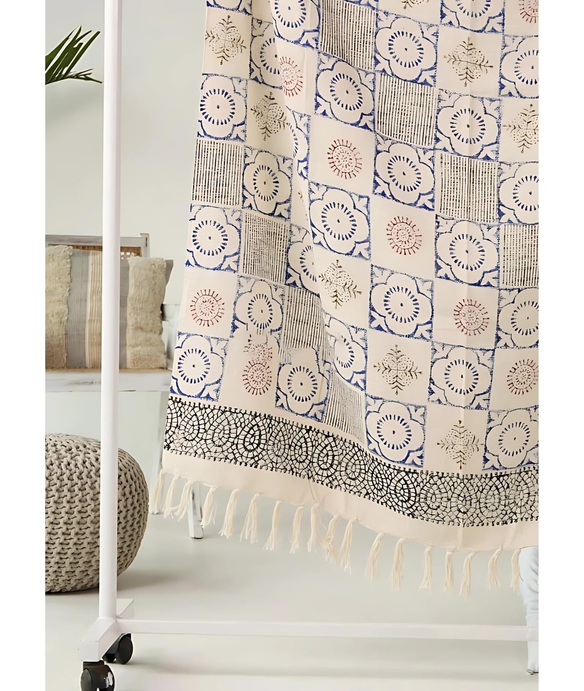 Blumenmedaillon Block Druck Plaid | Plaids | Sofaüberwurf für alle Jahreszeiten | 130x175 cm | Plaid mit Fransen | 100% Baumwolle | Blau und Creme