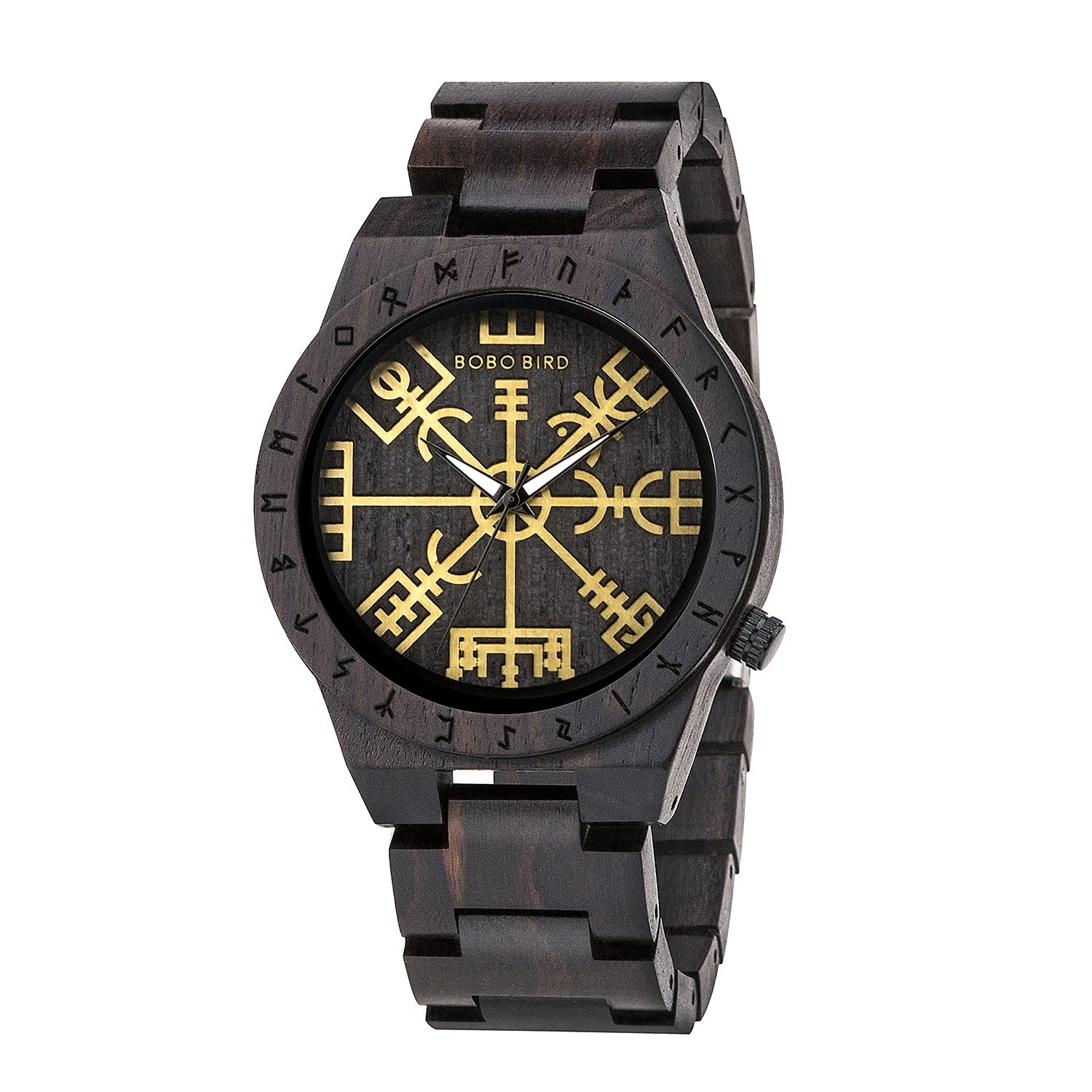 BOBO BIRD Handmade Wooden Mens Watch Unique Runic Circle Watches Golden Symbol of Vegvisir Watches Lightweight Fashion Quartz Wristwatch (Brown Black)