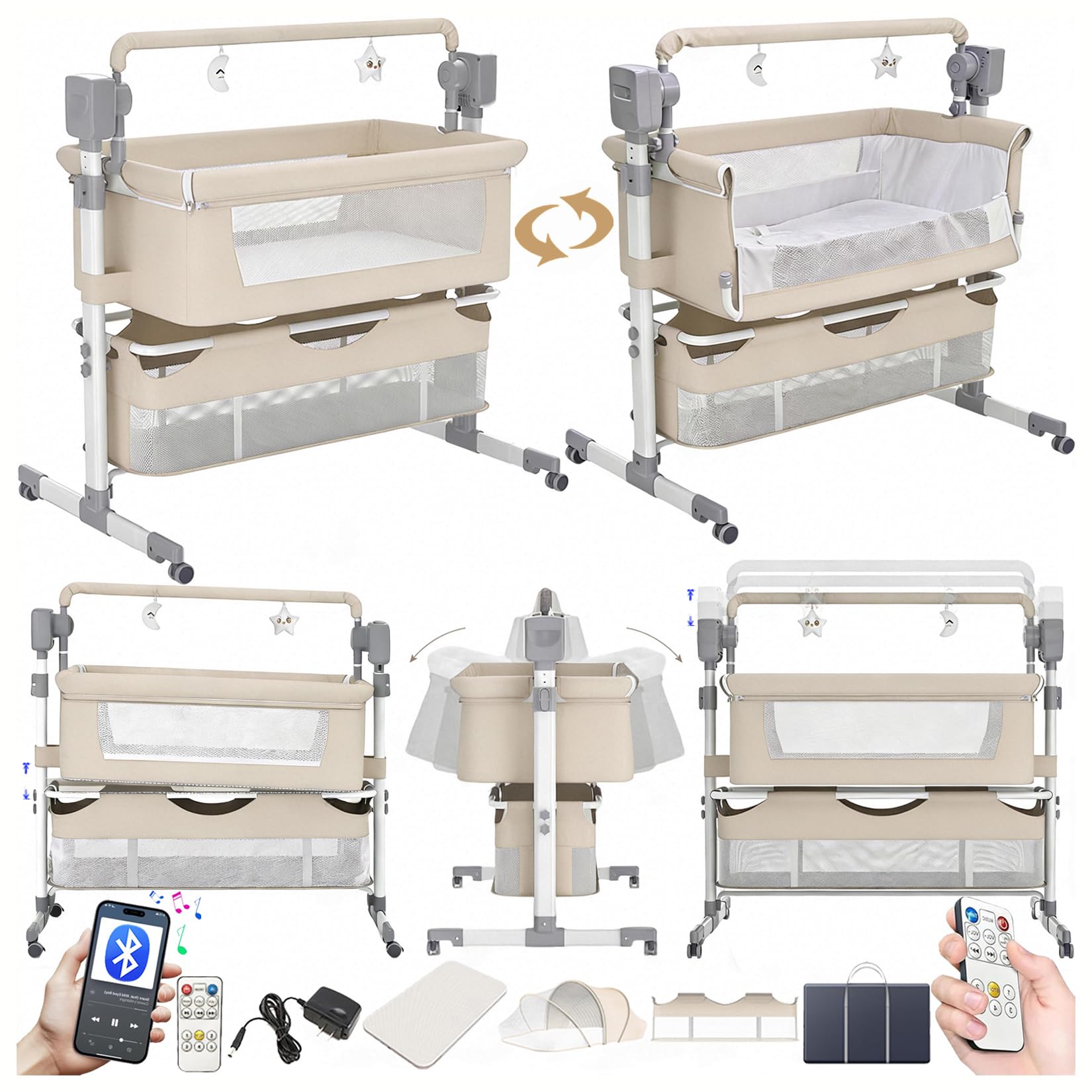 Magic ZC Elektrische Bluetooth Intelligent Beistellbett Baby mit Rollen, Convertible Faltbar Co-Sleeping Babybett, Fernbedienung, 5-schwankende Zahnräder, Stubenwagen Wiege mit Musik (601 Beige)