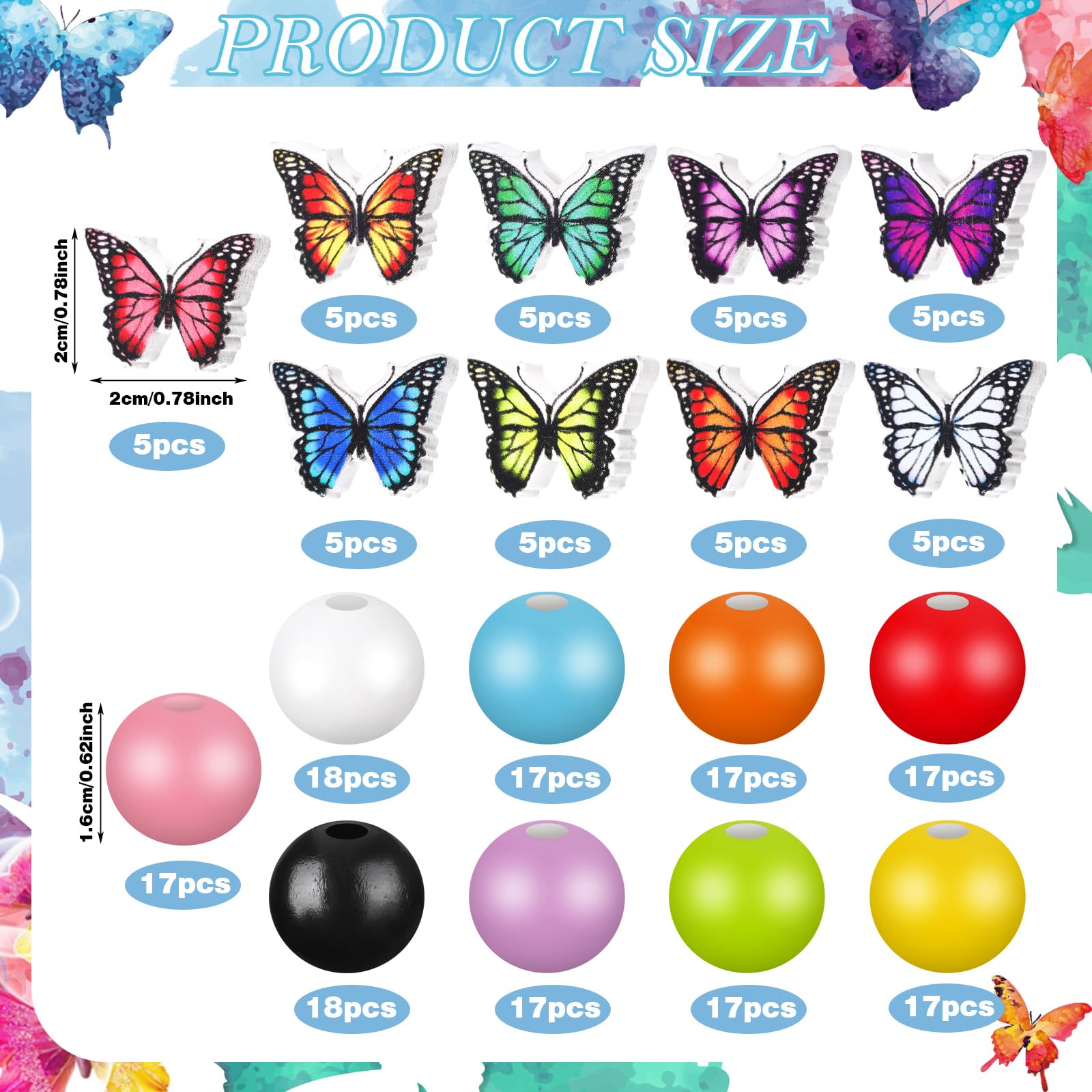 Tradder 200 cuentas de mariposa de madera para manualidades con agujeros, cuentas de madera coloridas pulidas a granel, cuentas redondas impresas para hacer joyas, decoración del hogar