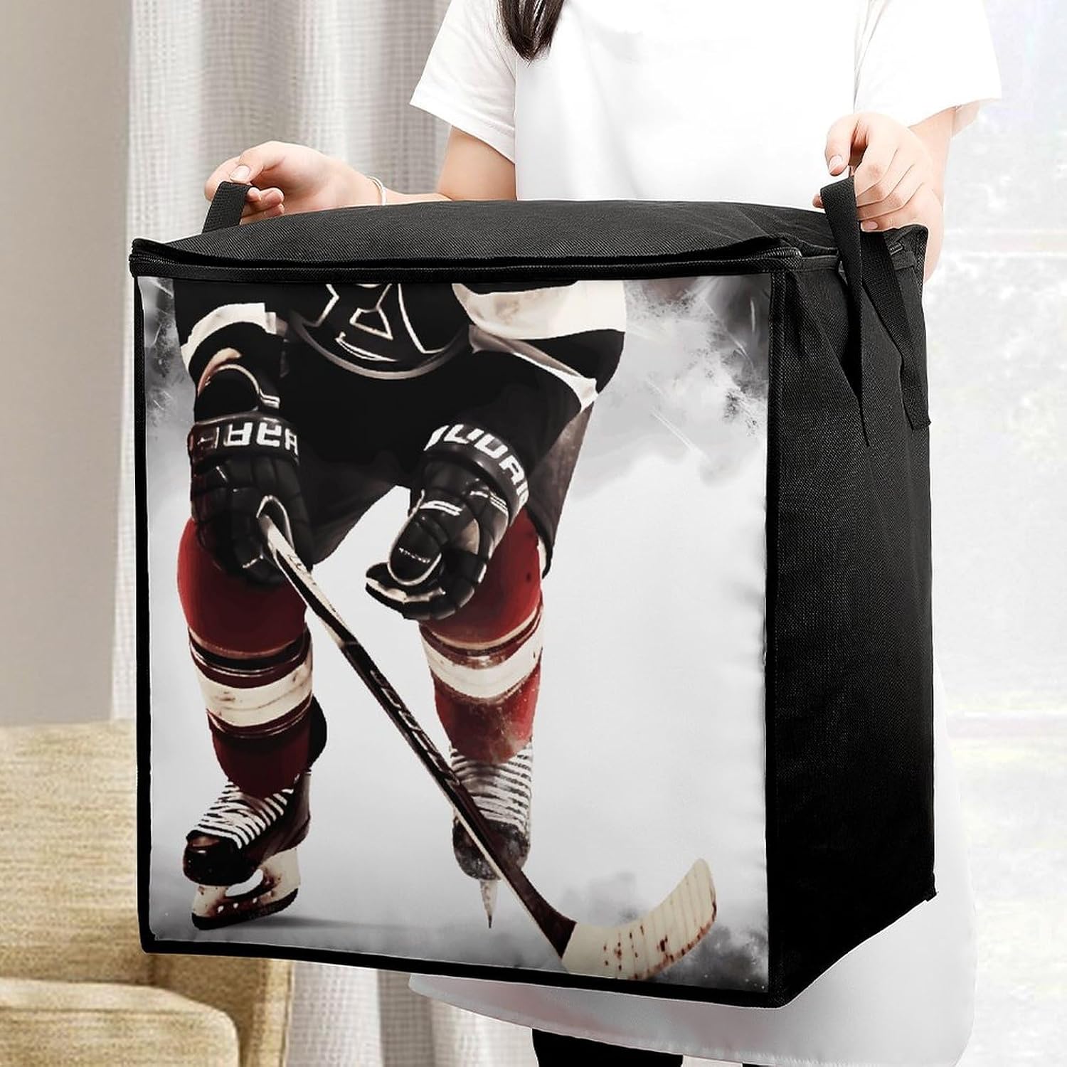 Ice Hockey Pattern Storage Bag with Zippers And Handle Extra Large Bedding Comforter Storage Bag Foldable Blanket Storage Bags Fabric Moving Bags for Closet Organizer (70L)