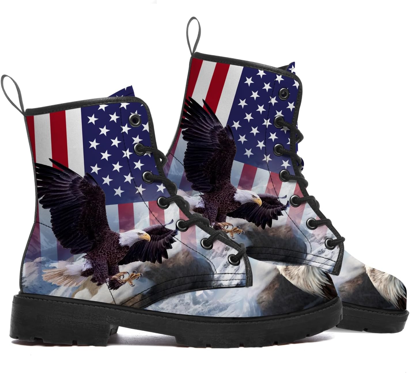 American Flag Eagle Patriotic PU Leather Lace-up Combat Ankle Boots Gifts for Women Men