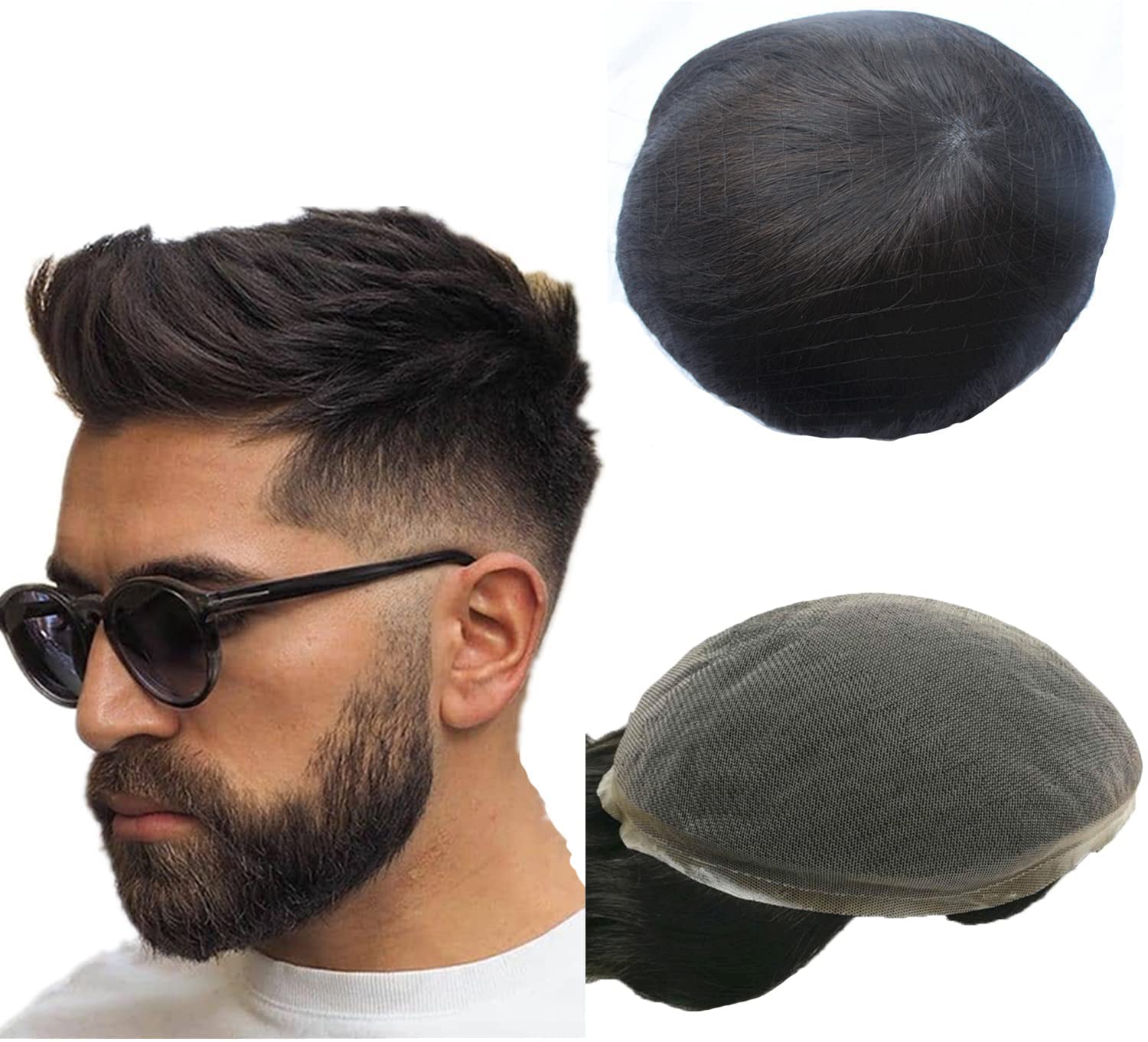 NLW Peluca Hombre, Sistema de Reemplazo de Cabello Humano Natural de Densidad Media, Peluca de Encaje Francés Transpirable Base de 8 * 10 Pulgadas (1B negro natural)
