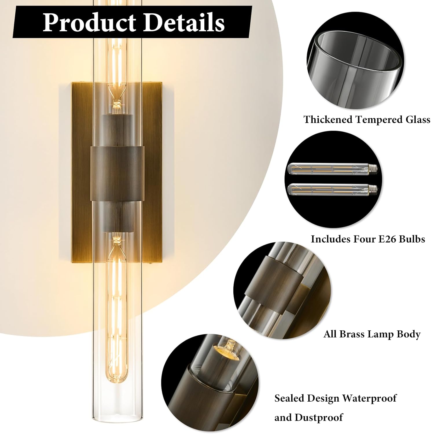 Linear Brass Bathroom Wall Sconce - Luxury Antique Brushed Gold Sconces Set of 2 - Dimmable Vanity Lights Fixture with Clear Glass Tube - Modern Lighting for Bedroom Living Room Hallway Indoor Decor