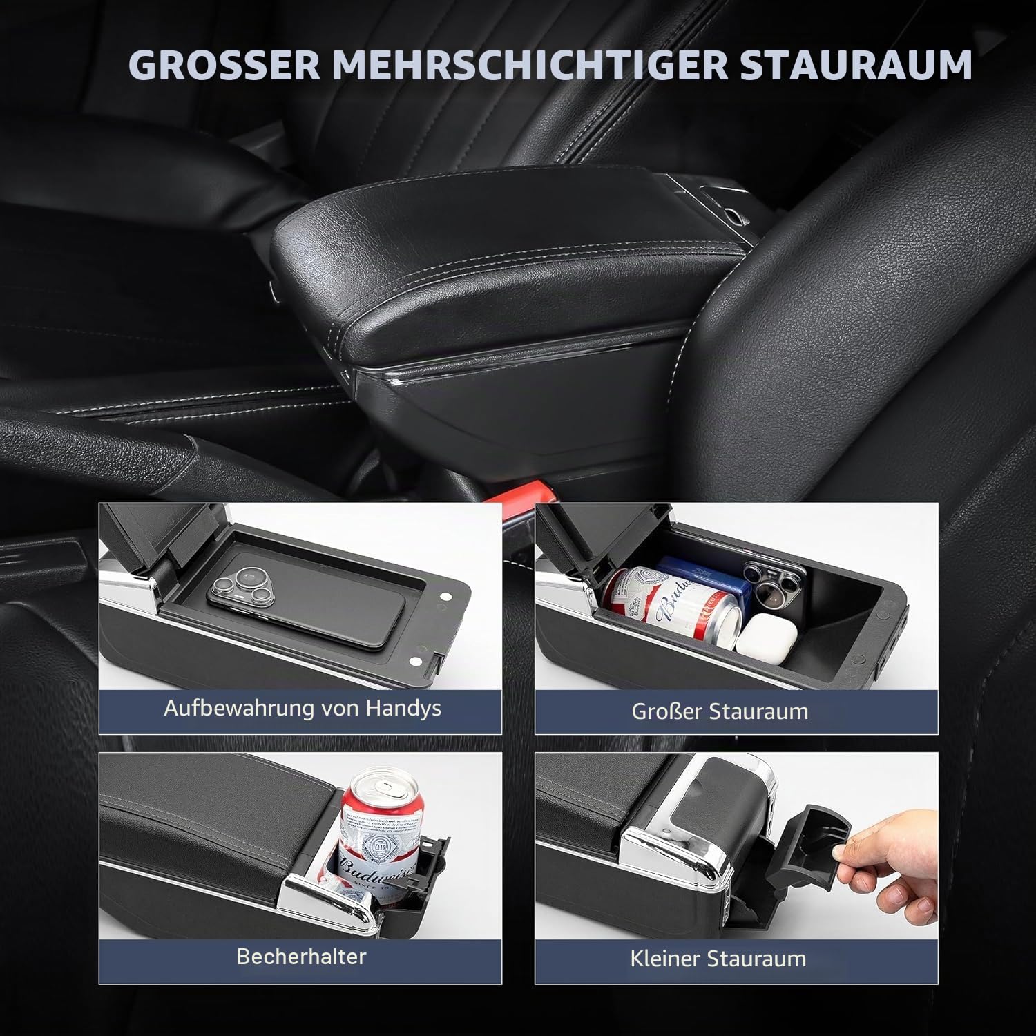 Auto Armlehnen für Honda Fit Jazz 2009-2013 Mittelkonsolen für Kfz Doppelter Stauraum mit Getränkehalter 7 USB-Anschlüsse Hintere Utility-Box Einfache Montage (Schwarze Linie)