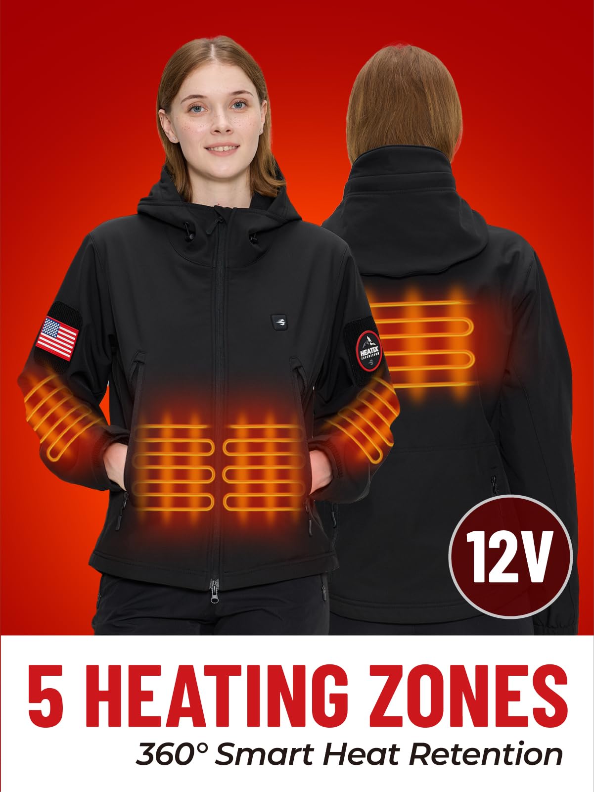 Veste chauffante pour femme avec batterie 12V - Manteau chauffant Softshell 5 zones de chaleur pour la randonnée et les loisirs en plein air