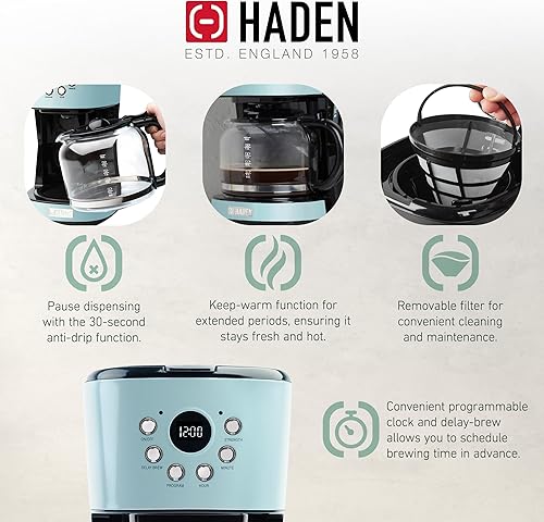Miniatura 4 de Haden Cafetera de goteo programable de 12 tazas con tostadora Heritage de acero inoxidable de 4 rebanadas de ranura ancha, turquesa y cromo