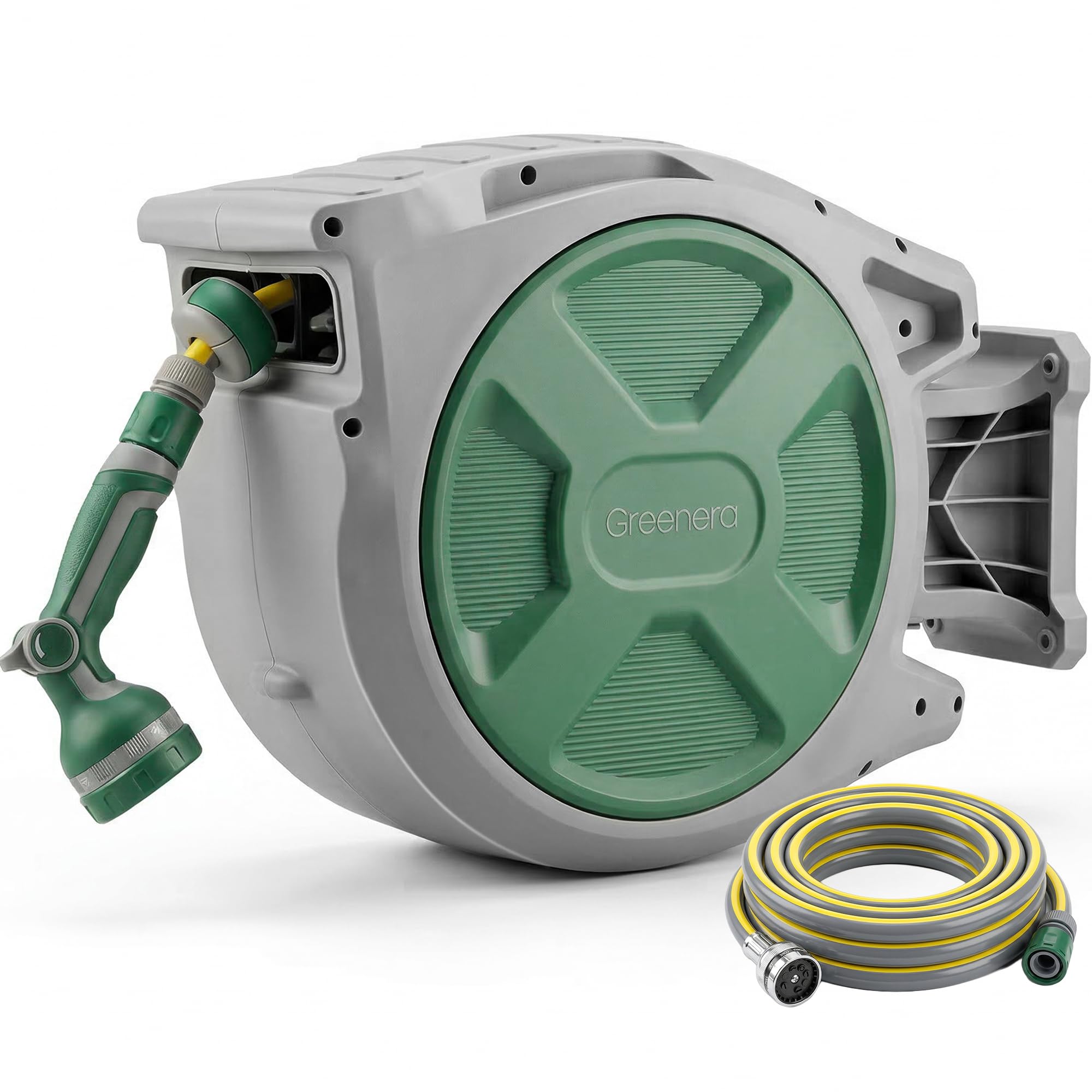 Retractable Hose Reel Wall Mounted, 25+2m Garden Hose Reel,Garden Hose Pipe with 10-Function Spray Gun, Auto Rewind,180° Pivoting