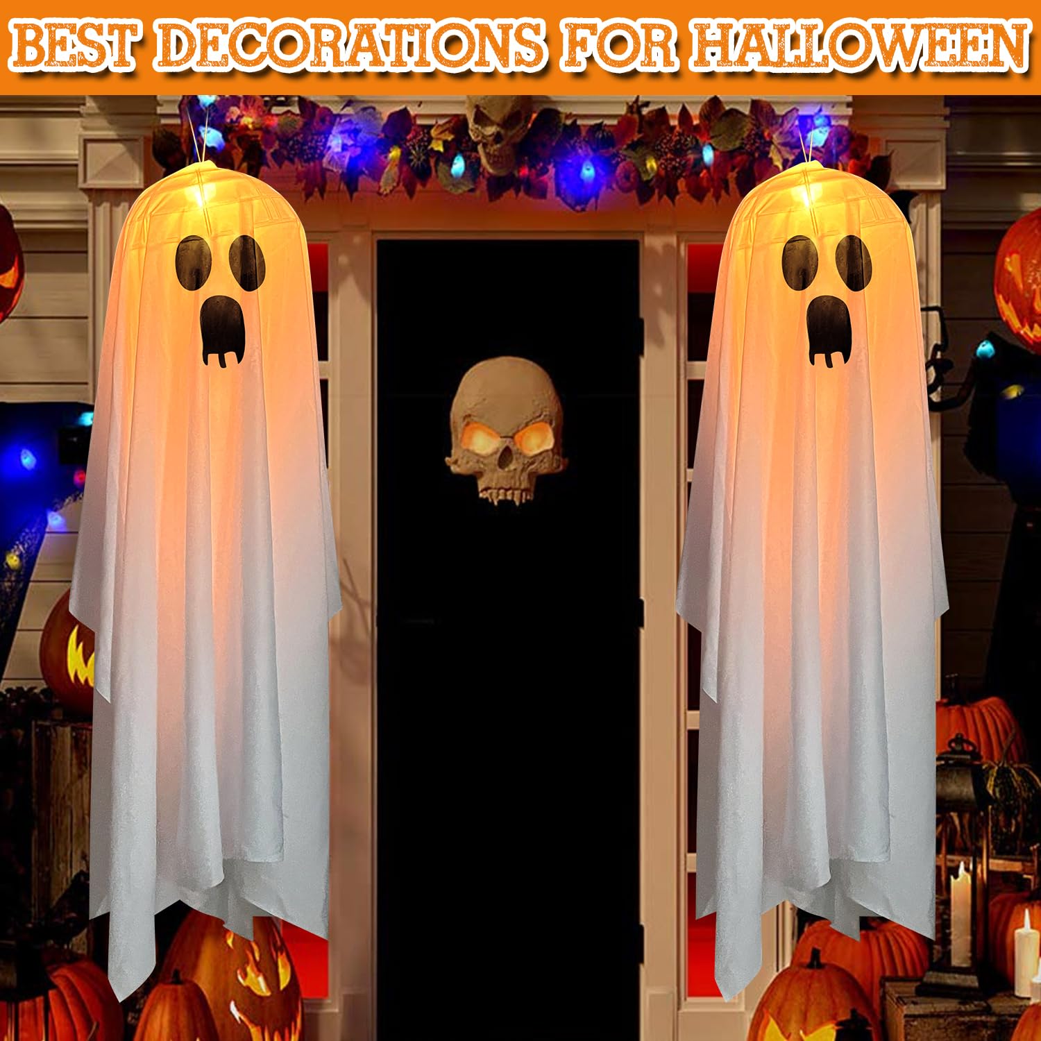 2 Fantômes Lumineux Halloween à Suspendre - LED Blanc Chaud, 90 Cm | Pour Extérieur, Jardin, Maison - 8