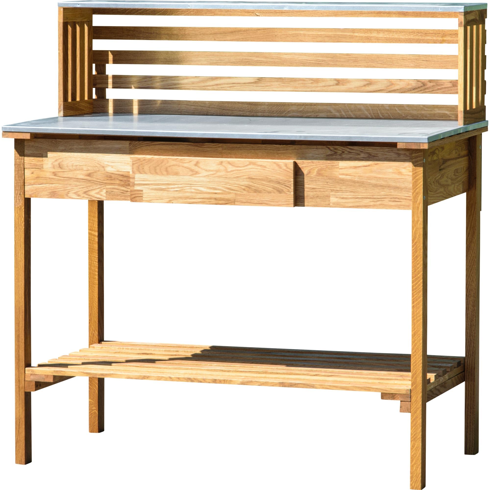 dobar® 29140FSCe XXL Premium Pflanztisch aus robustem Eichenholz | Gärtnertisch mit verzinkter Arbeitsfläche und Ablage | Wetterfester Outdoor Umtopftisch | 117 x 62 x 124 cm | Natur