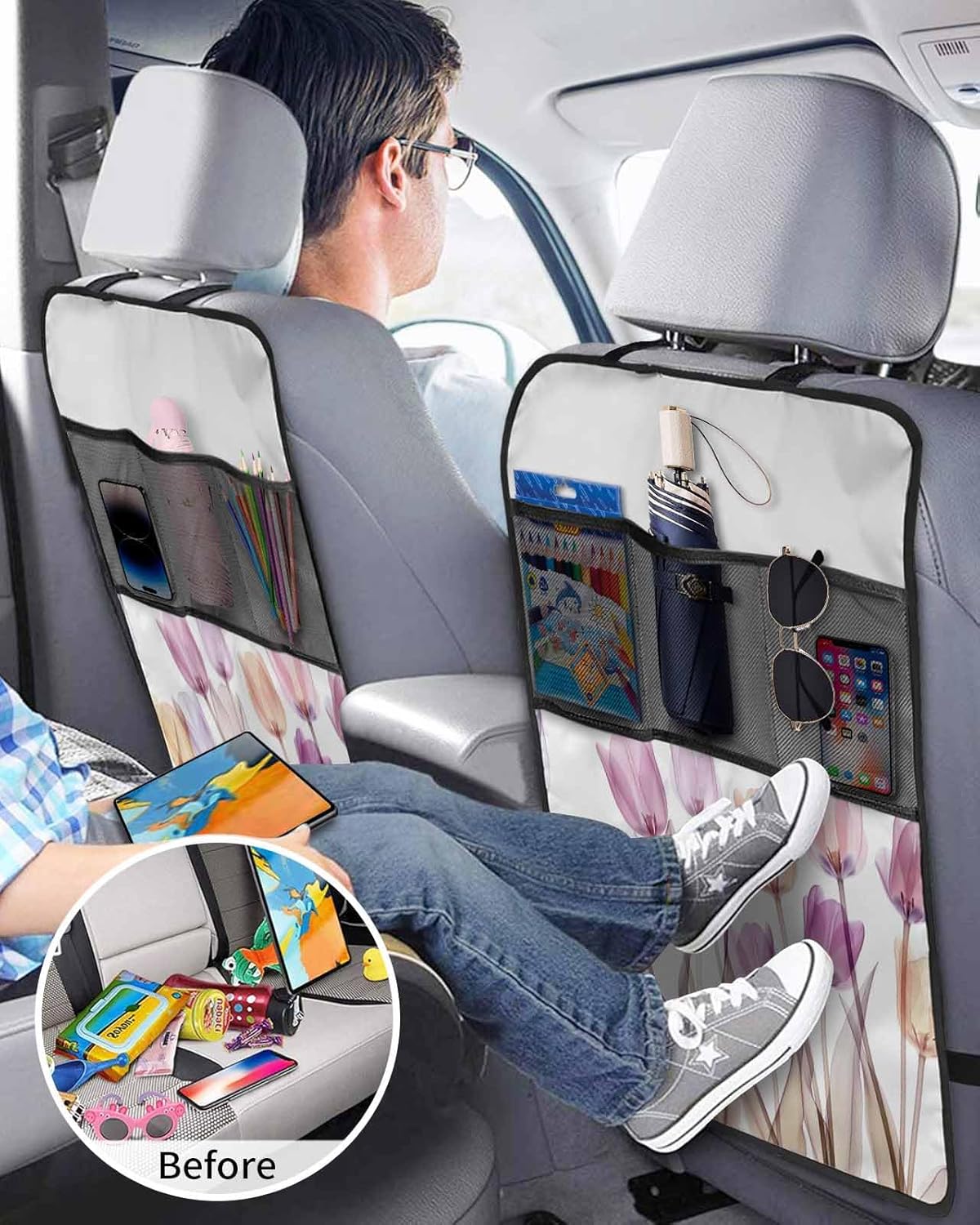 Car Seat Protector, 2 Pack Kick Mats with Organizer - 3 Pocket Storage, Modern Minimalist Watercolor Tulip Flower Pattern Back Seat Cover for Kids Universal Fit Automotive Interior Protectors