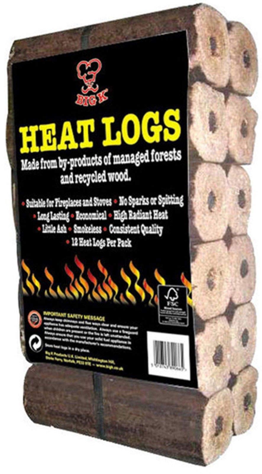 BigK 12 Heat Logs Eco HeatLogs. No Spark, No Spitting, High Heat, Long lasting