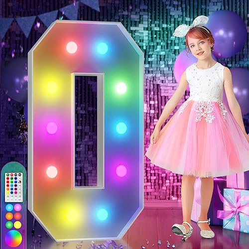 imprsv Números iluminados de marquesina colorida de 4 pies, 18 colores número 0 con control remoto, letrero de números iluminados para decoración de