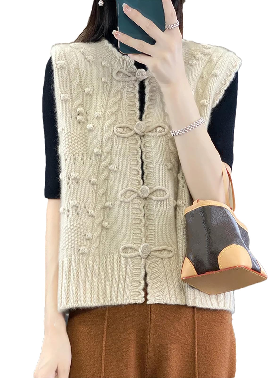 Womens Wool Cardigan Vest Solid Color Knitted Short Jacket O Neck Sleeveless Sweater Vest