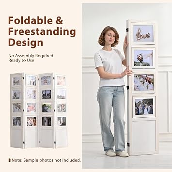 4 Panel Photo Room Divider, Folding Privacy Screen Decorative, White