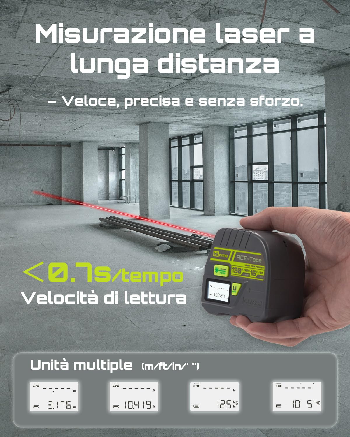 Metro a Nastro Laser 2-in-1, Inkerma Strumento di Misurazione Laser 130Ft/40m & Metro a Nastro 16Ft/5m, Misuratore Laser Digitale con Display LCD, Unità M/In/Ft/Ft+In, Nastro Auto-bloccante