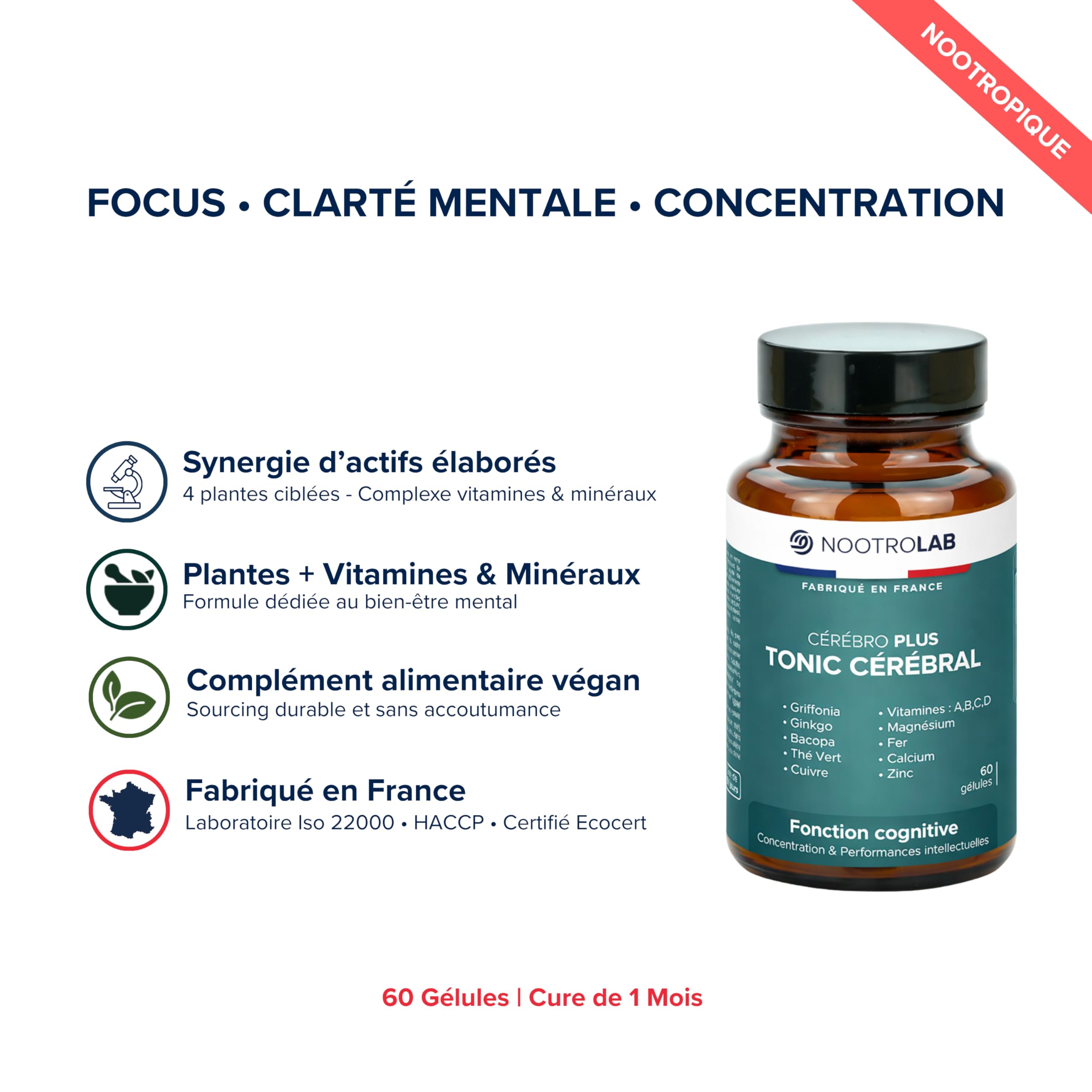 Nootropique Mémoire et Concentration | Complément Alimentaire Cerveau | Focus, Clarté Mentale & Énergie | Bacopa | Griffonia | Ginkgo | Thé vert | Vitamines B, C, D minéraux