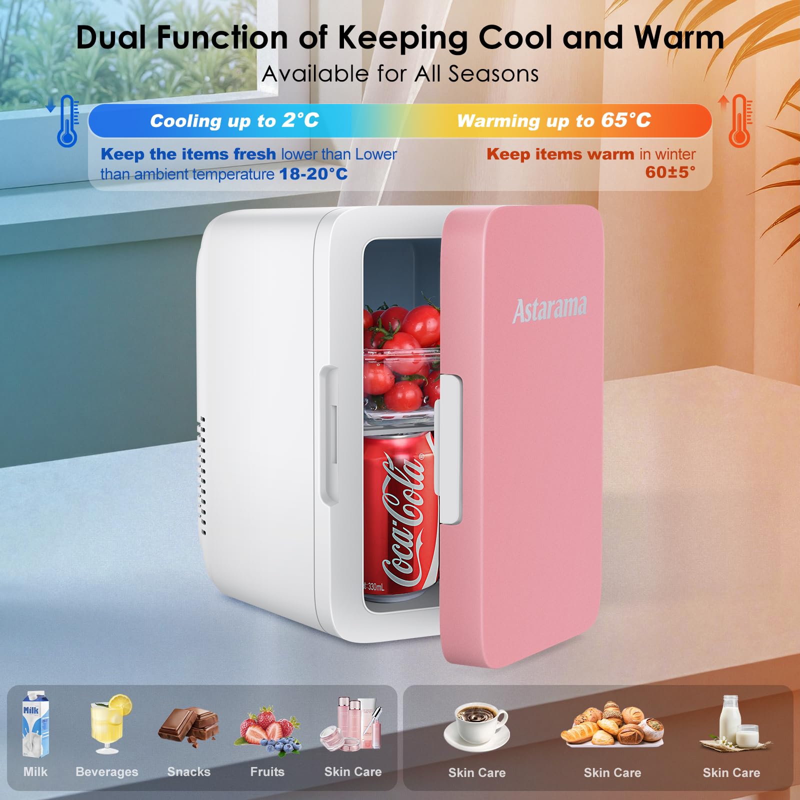 Astarama Nevera Pequeña,6 Litros/8 Latas, 220V AC/12V DC, Enfriador y Calentador Termoeléctrico, Mini Nevera Compatible Coche y Caravanas.Mini Frigorifico Para Bebidas, Cosméticos. (Rosa) - 5