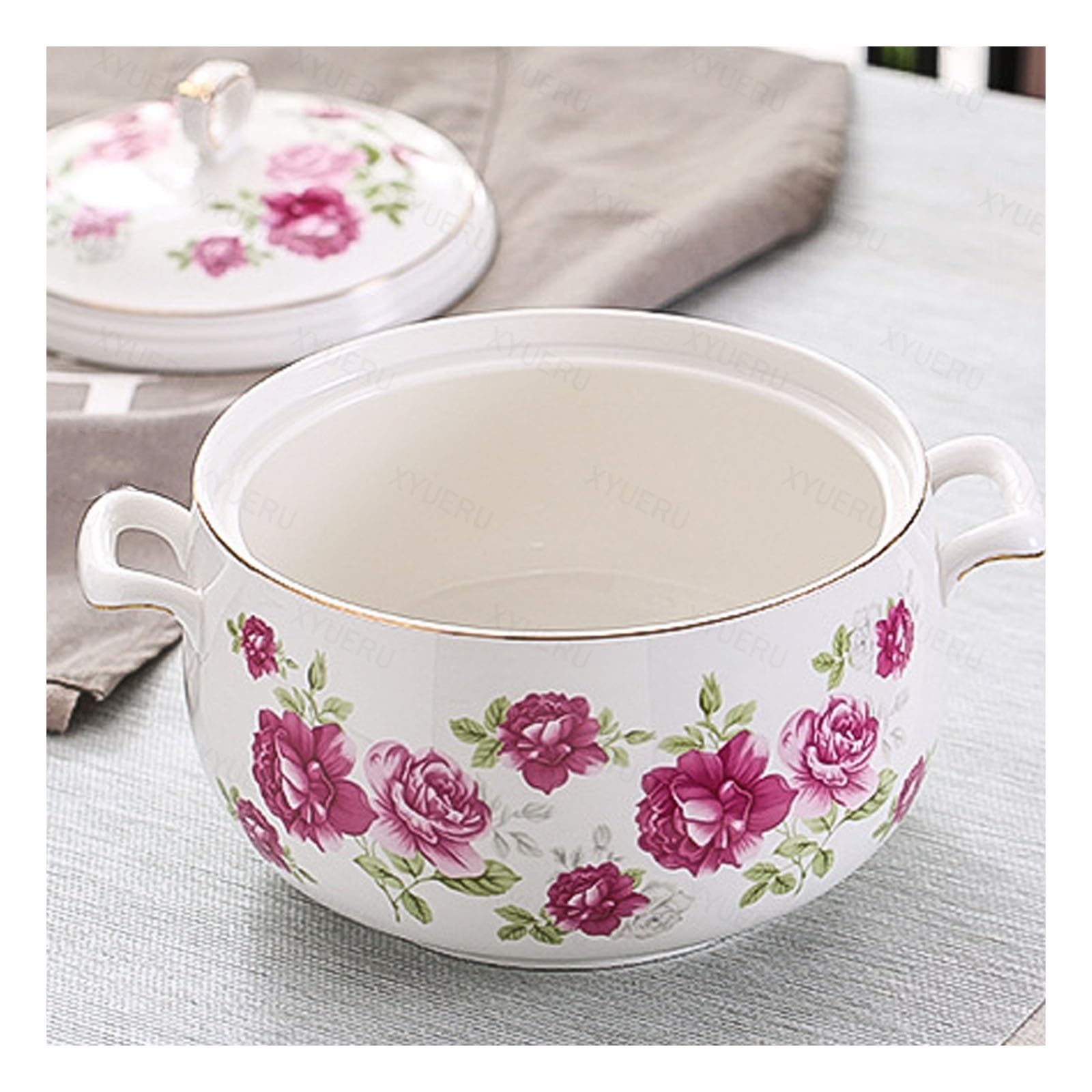 Zuppiera in ceramica con coperchio – Piatto da portata rotondo con doppi manici per la decorazione della casa e della cucina