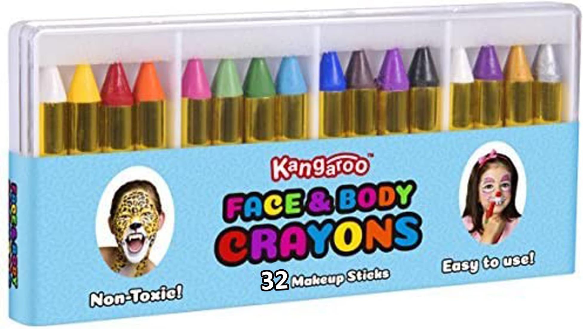Kangaroo Face Paint and Body Crayons - 32 Colors - Safe & Non-Toxic Facepainting Sticks; Facepainting Supplies