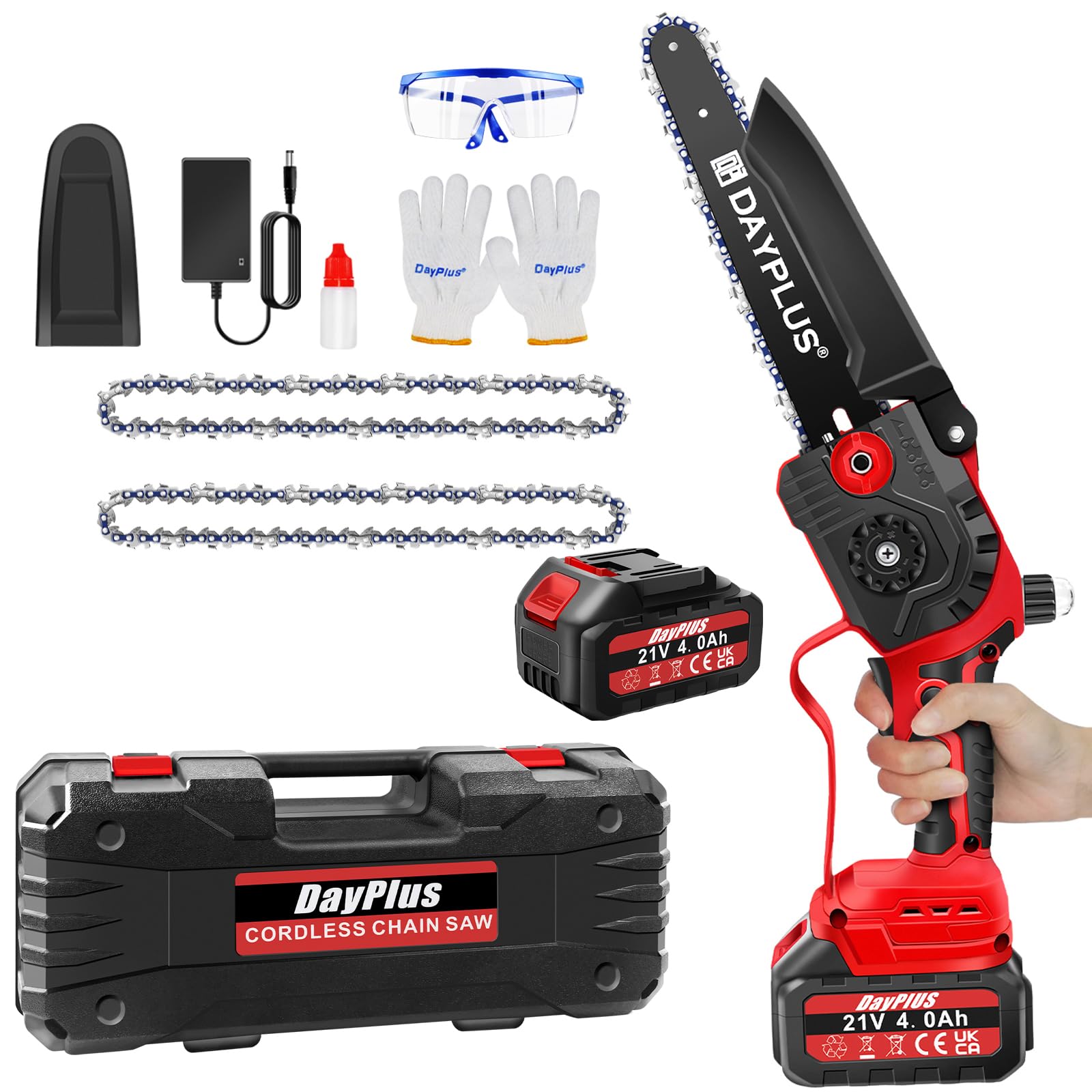 Mini Chainsaw Brushless 8-Inch Cordless Electric Handheld Chain Saw with 4.0Ah Battery, Hand Saw with Security Lock, Wood/Tree Saw for Garden Tree Trimming with Extra 2 Chains, Portable Carrying Case
