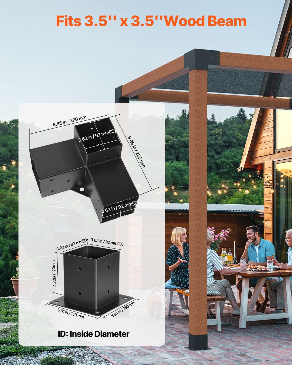 VEVOR Kit Supports de Pergola, Lot de 8, Support de Poteau Bois 92x92 mm, 4 Supports d'angle 3 Voies, 4 Bases de Poteaux, Acier au Carbone, pour Poutres Bois Standard, Banquets de Fête en Plein Air