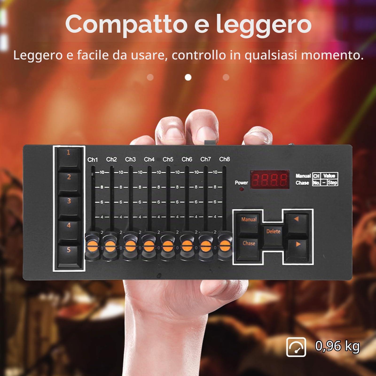 Controller DMX5102, Console di Controllo Luci a 40 Canali con 8 Fader e 5 Modalità Programmabili Controller DJ con 5 Effetti CHASE e Uscita DMX a 3 Pin per Illuminazione da Palco Spettacoli dal Vivo