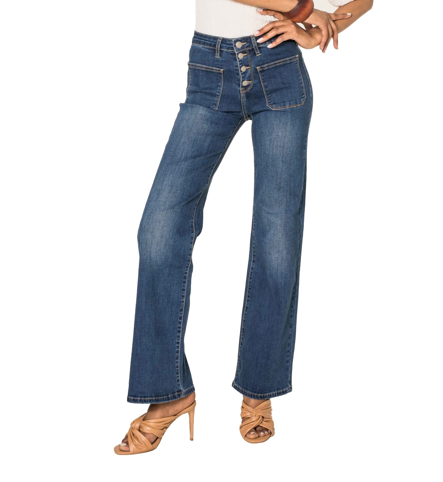 Nina Carter Flared Bootcut Jean pour Femme Taille Haute Évasé Vintage Effet Usé Stretch