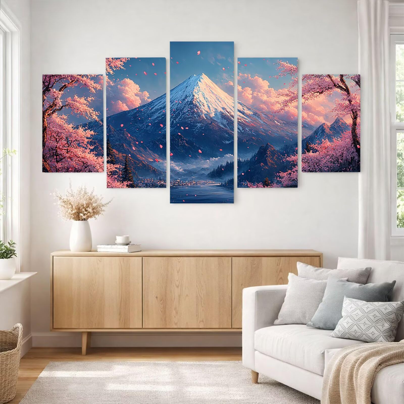 5 Pack Leuchtend Malen Nach Zahlen Erwachsene Berg Drei Größen YCBZ-0921 | DIY Set Erwachsene mit Pinselset Acrylfarben Set Fünf Leinwand zum Bemalen Kirschblüten Deko Wohnzimmer Geschenke für Frauen
