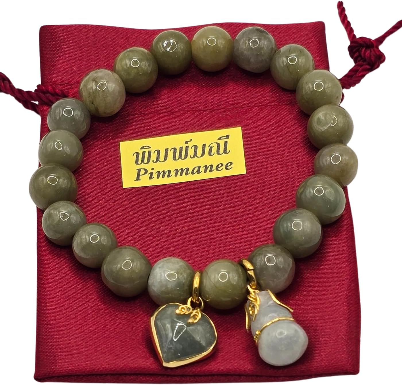 Natural Green Jade Bracelet for Women – Real 11mm Jade Beads for Good Luck, Wealth & Positive Energy – Heart & Gourd Charms – 6.5" Stretch – Spiritual Lucky Gift with Red Pouch - Image 6