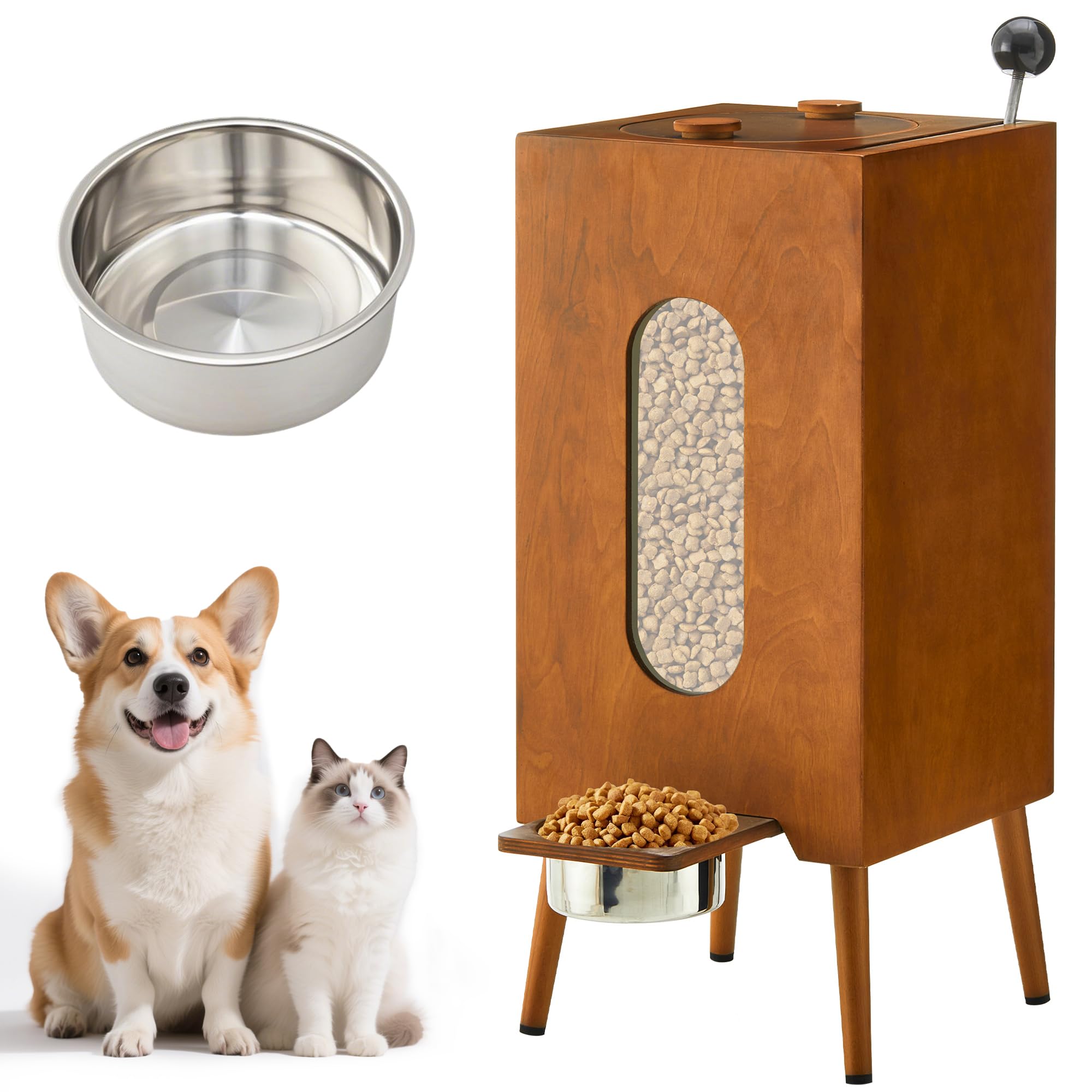 CLIPOP Comedero elevado con cuenco de acero inoxidable, soporte para perros con espacio de almacenamiento, comedero semiautomático con almacenamiento, gabinete de comida para perros y gatos