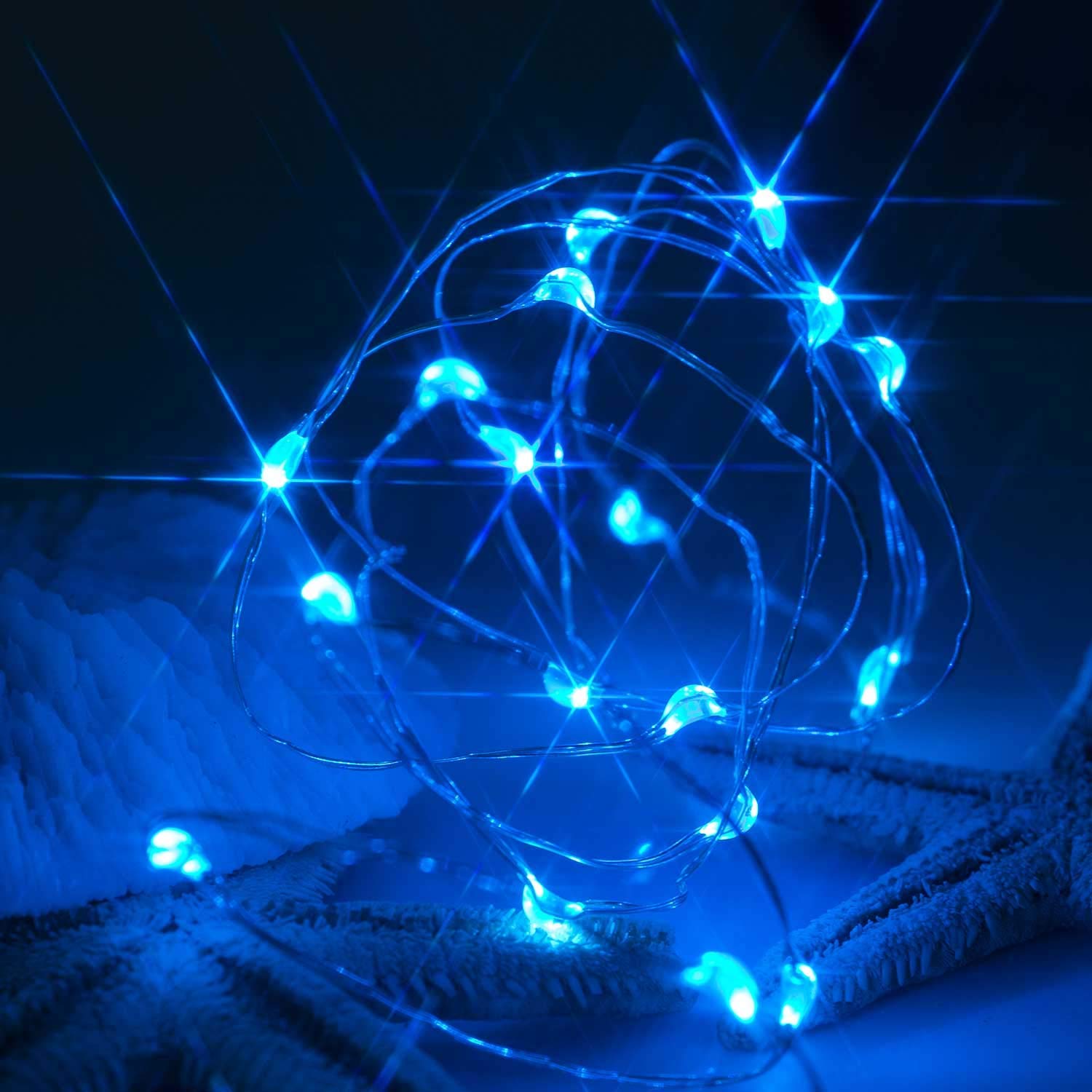 Paquete de 10 luces de hadas con pilas de 2 m, 20 luces LED de cadena de luces estrelladas de alambre plateado para bricolaje, boda, fiesta, festival, Halloween, Navidad (azul)