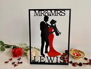 Mr & Mrs Sign Personalized Bride and Groom Silhouette Custom Wedding Last Name Sign Lady in Red Top Table Decor Sweetheart Table Centerpiece Metal Frame Acrylic Freestanding Wedding Table Decoration