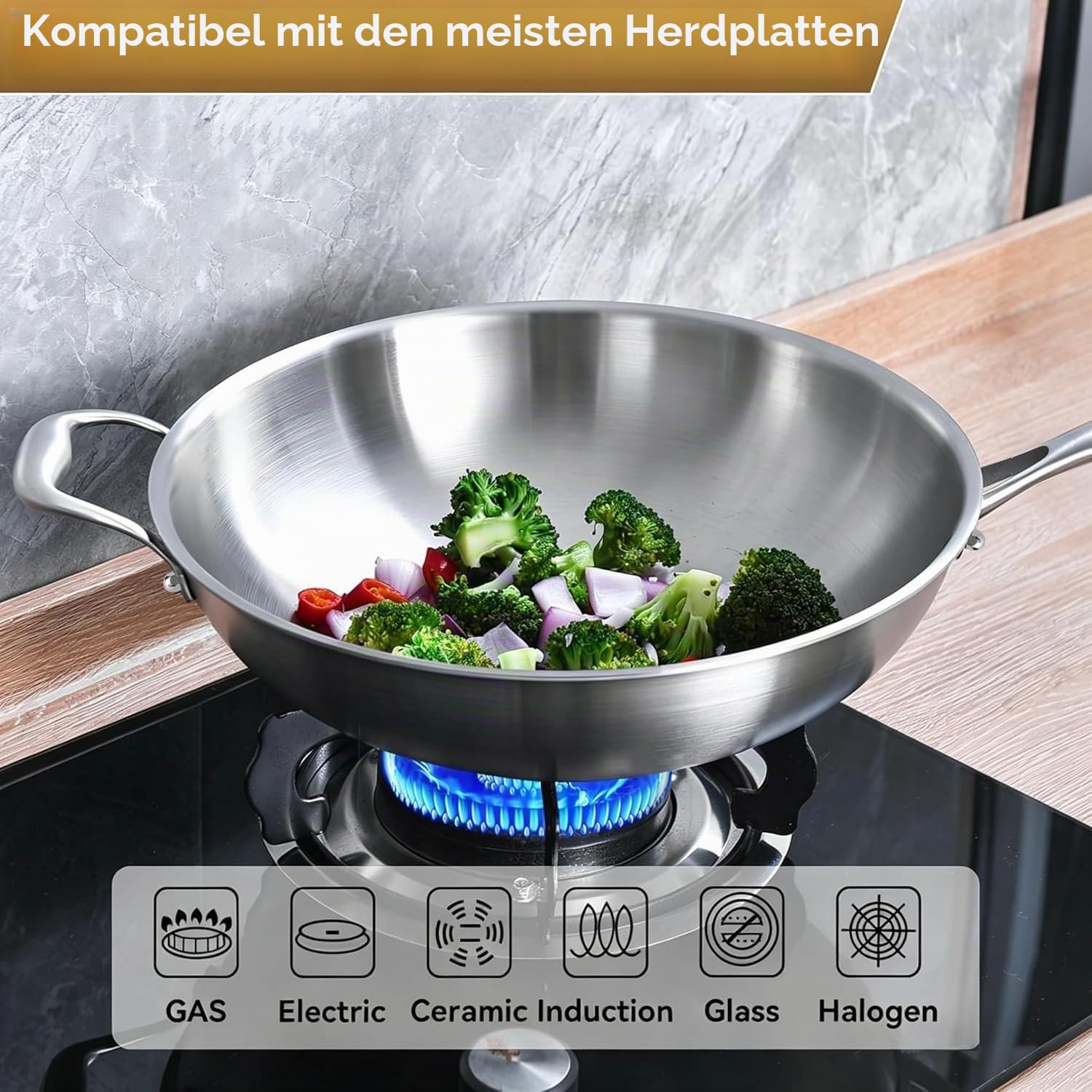 LOLYKITCH Wokpfanne Edelstahl 32 cm mit Deckel | Unbeschichtete Wok Pfanne für Induktion & Gasherd, Edelstahlpfanne ohne Beschichtung, Stainless Steel Wok, genieteter Griff