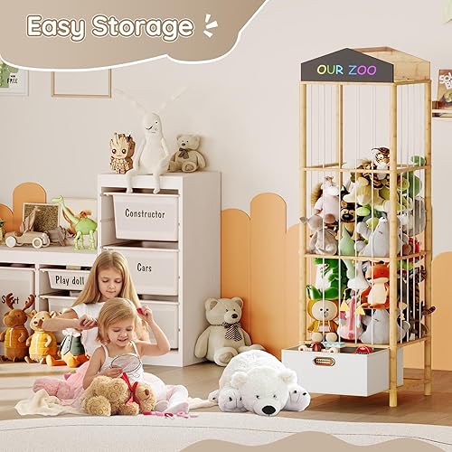 Miniatura 5 de HOOBRO Almacenamiento y organizador de animales de peluche, soporte de bambú para animales de peluche con cajón de tela y pizarra de bricolaje,