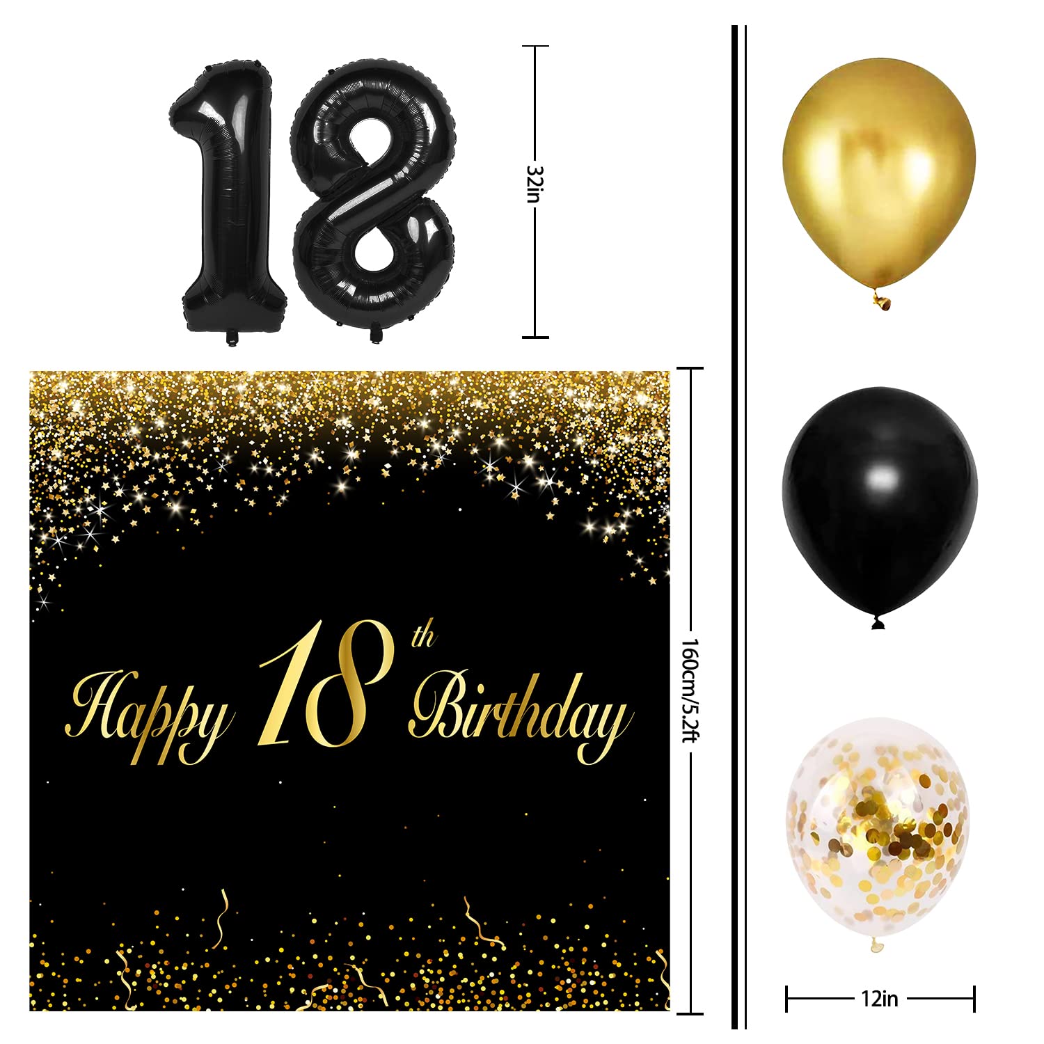 Sweet 18th Birthday Balloon Decorations Kit - Black Foil Number 18, Banner, Hearts, Stars & Confetti - View #8