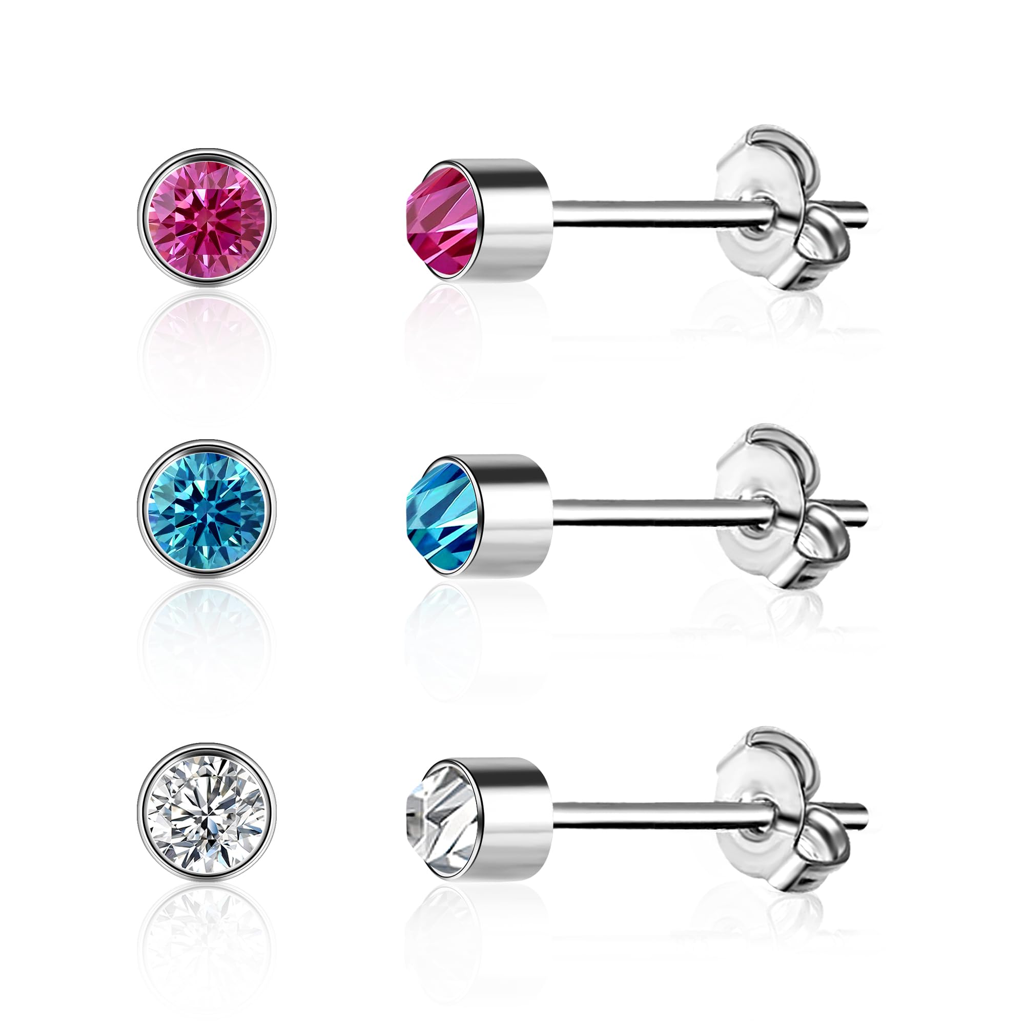 ALEXCRAFT Pendientes de plata 925 con circonitas, juego de pendientes redondos con purpurina, regalo para mujer, novia, mamá, niña