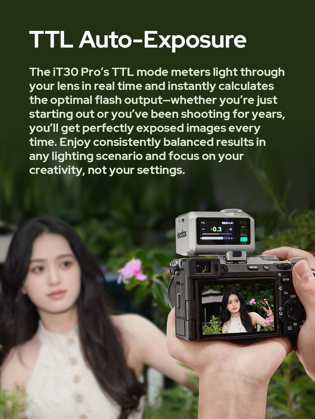 Godox iT30Pro S iT30 Pro S Mini Flash de Cámara para Sony, 2.4GHz TTL HSS 1/8000s, Pantalla táctil a Todo Color, Compatible con ZV-E10 II ZV-E10 ZV-E1 a7IV a7III a7CII a6700 a9III a7RV a6400 (Negro)