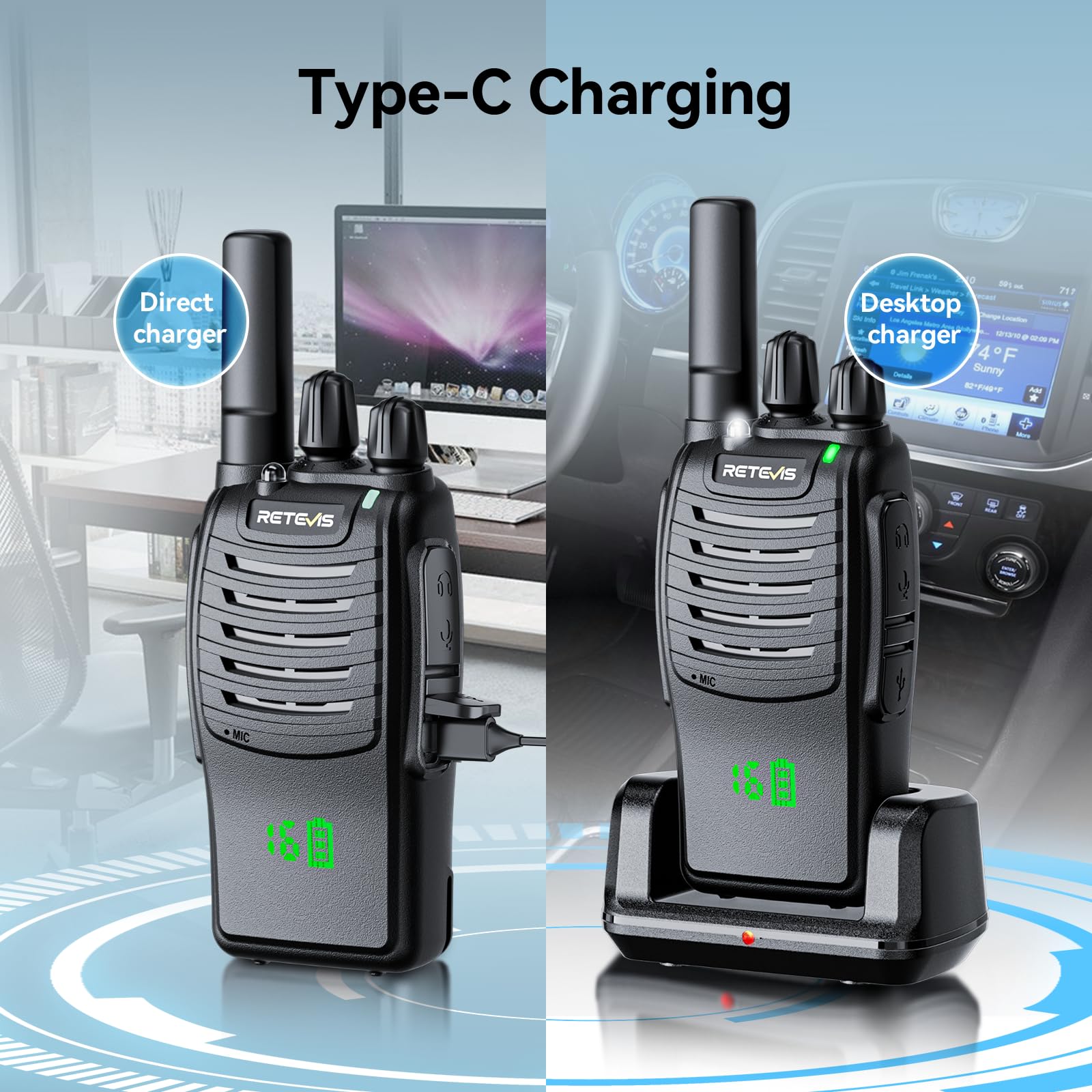Retevis H777H Talkie Walkie, Talkie-Walkie Professionnel avec Écran, Charge de Type C et USB Chargeur, Walkie Talkie Longue Portée PMR446, VOX, Alarme Clignotantel pour Camping(Noir,3 Pcs)