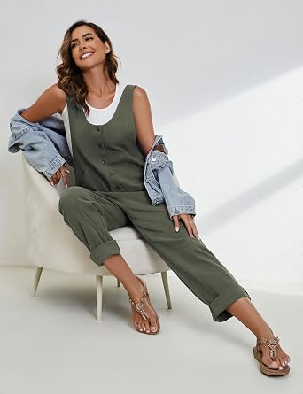 Yeokou Womens Overalls Linen Cotton Jumpsuits Loose Casual Jumpers with Pockets