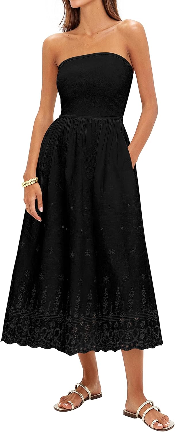 PRETTYGARDEN Womens Summer Dresses 2026 Sexy Sleeveless Tube Top Long Dress Eyelet Cotton Maxi Beach Sundress Pockets