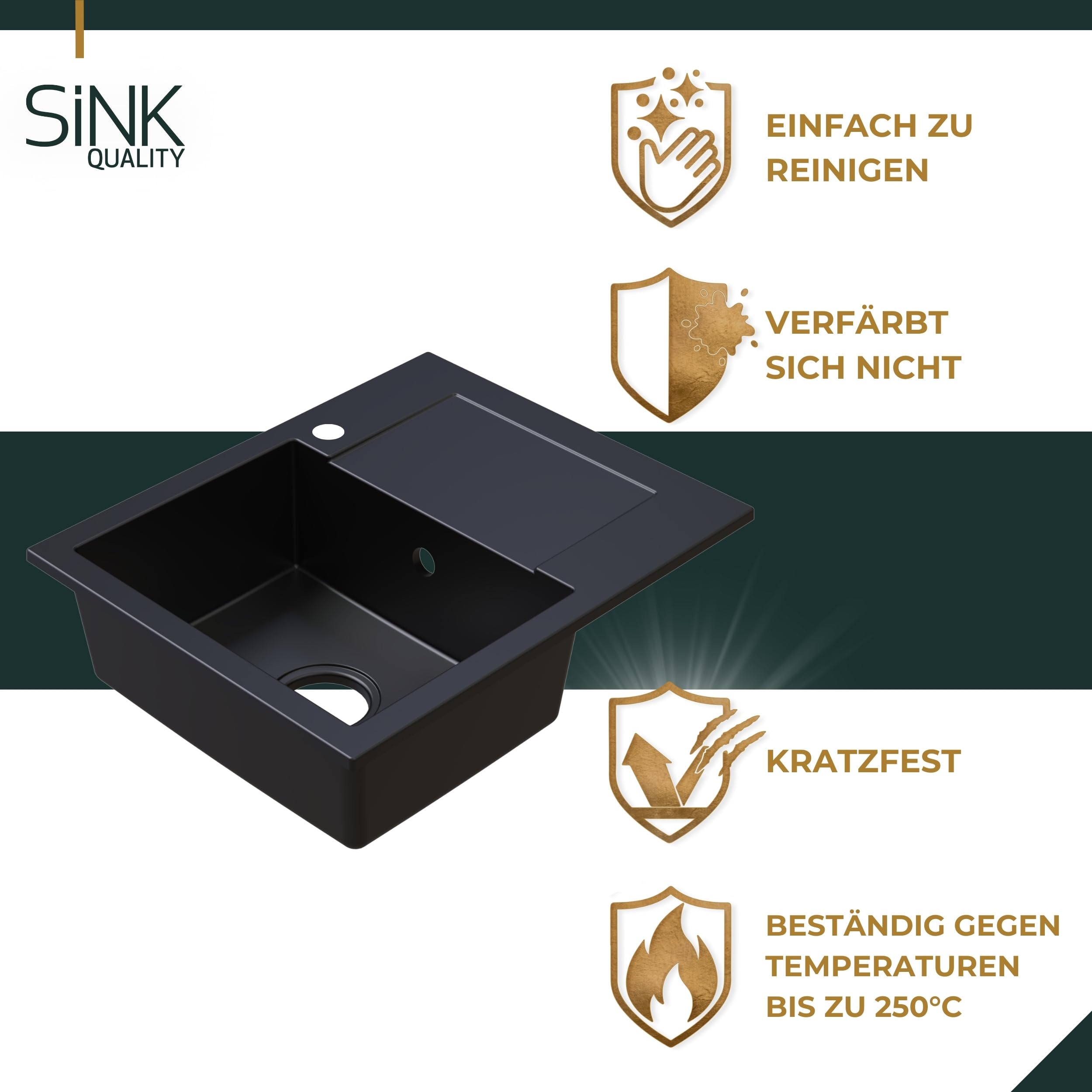 SINK Quality zlewozmywak granitowy czarny 58 x 47 – zlewozmywak z syfonem i środkiem impregnującym – zlewozmywak kuchenny czarny z ociekaczem do szafki pod umywalkę 50