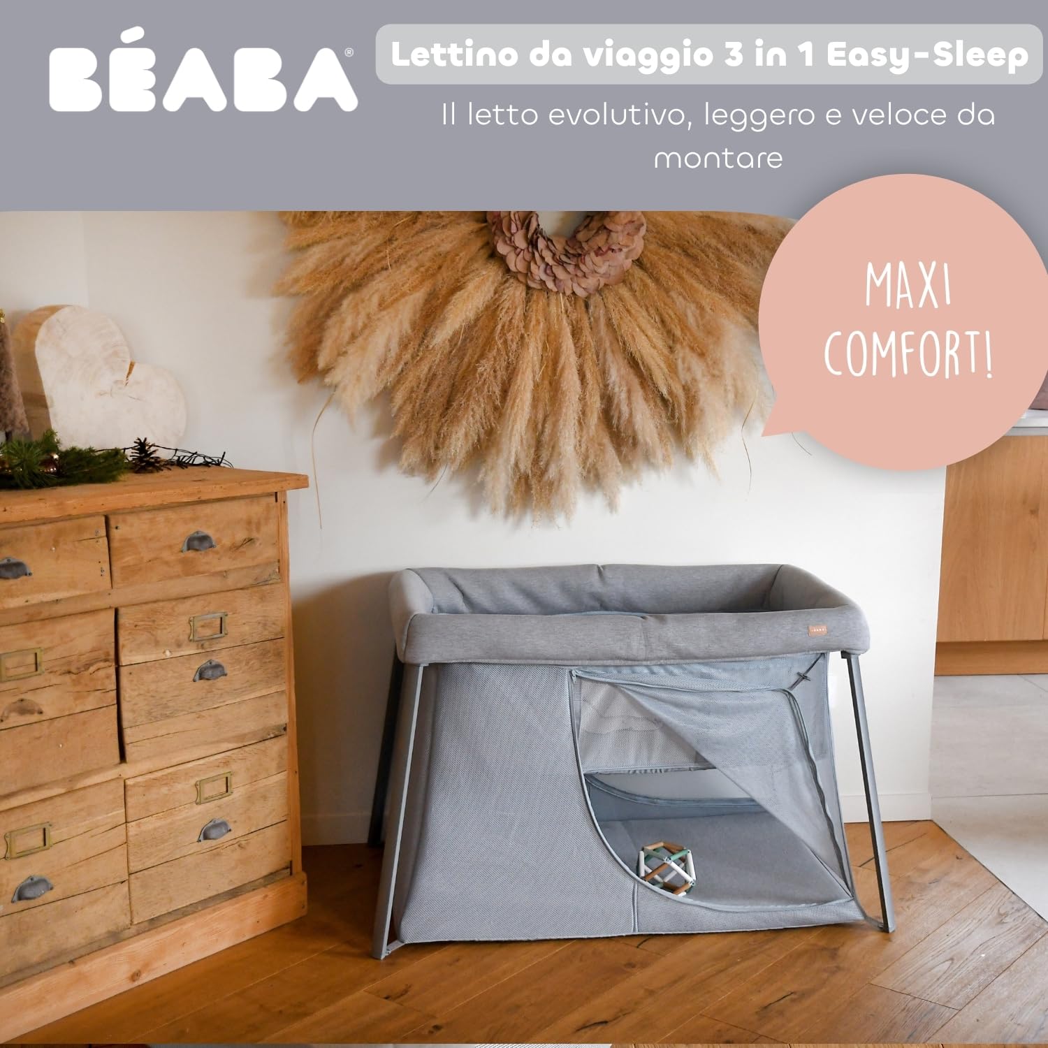 BÉABA, Lettino Da Viaggio 3 In 1, Culla Per Bambini, Letto Elevabile,Parco Giochi, Evolutivo,Leggero 6,8 kg, Pieghevole, Compatto,Borsa e Materasso Inclusi, Traspirante, Tessuto Oeko-Tex, Grigio Brezo
