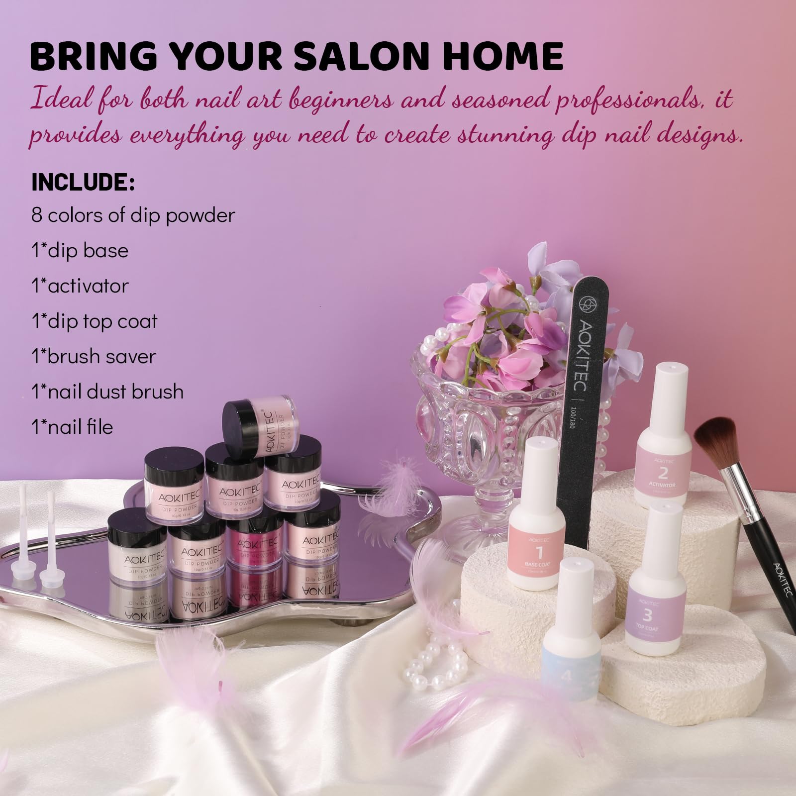 Aokitec Juego de 14 uñas en polvo de inmersión, color rosa magenta y polvo acrílico con base de inmersión activador para brochas, set de iniciación para uñas